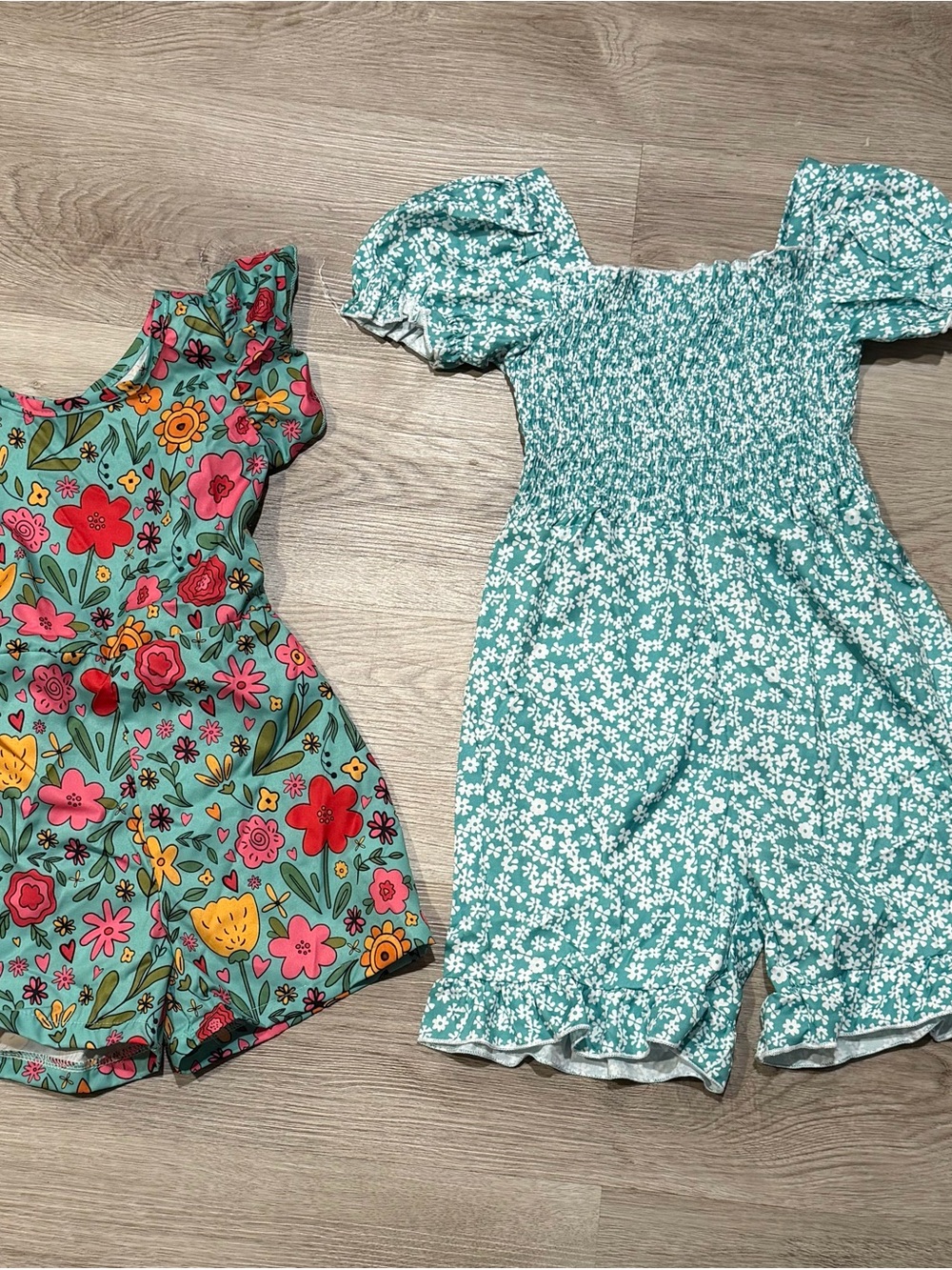Wildflowers Teal & Multi Floral Girls' Smocked Puff Romper Set